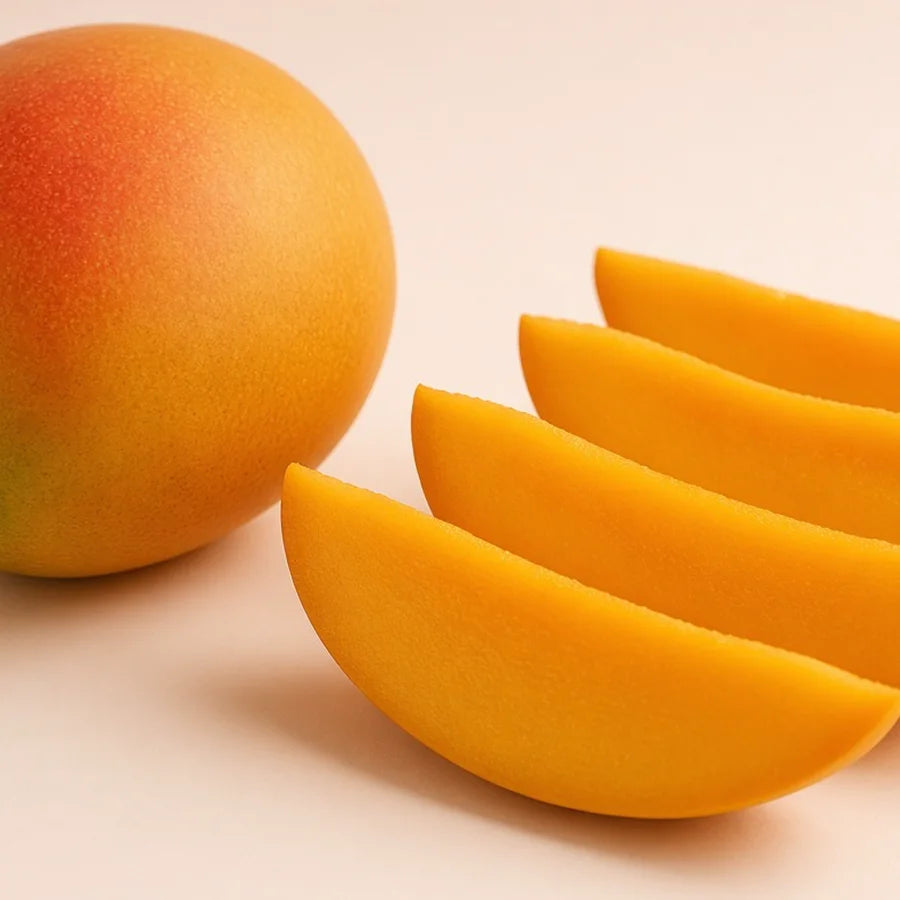 Whole mango with sliced wedges