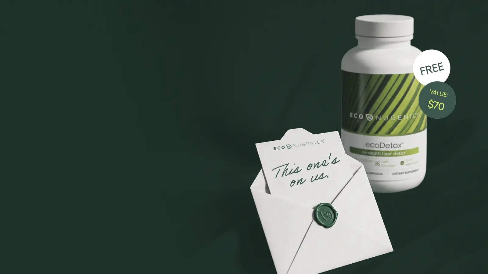 Bottle of ecoDetox supplement with a card on a dark green background